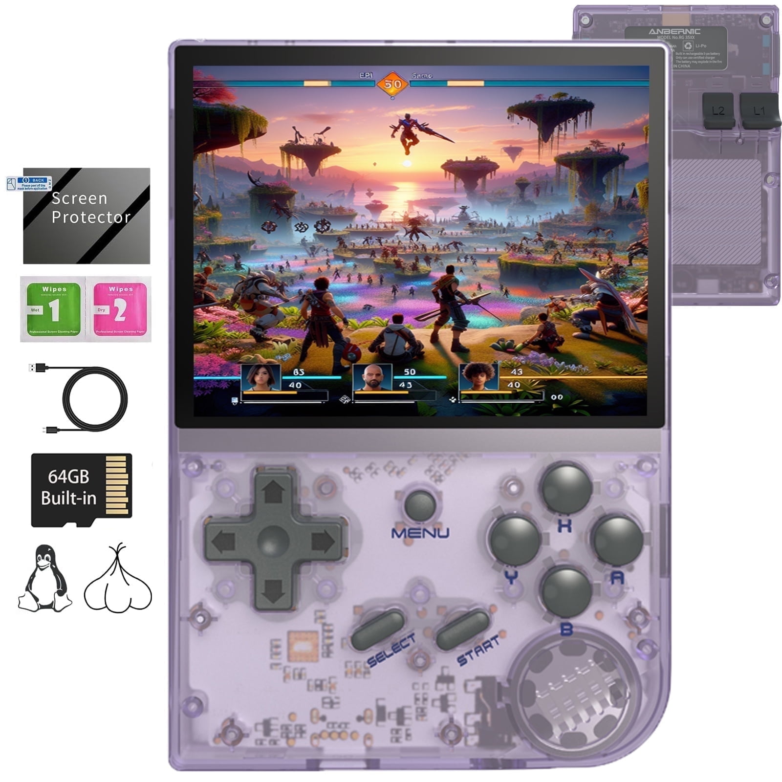 RG35XX Handheld Gaming Consoles ,64GB,Dual System Linux+Garlic , Support HD TV Output Purple